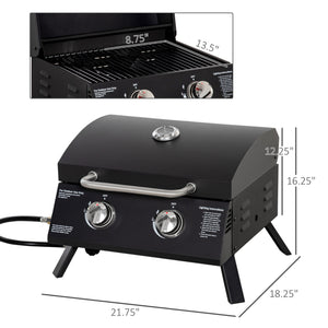 2 Burner Propane Gas Grill, Outdoor Portable Tabletop BBQ with Foldable Legs, 10000 Each Burner, Lid, for Camping, Picnic, Backyard, Black