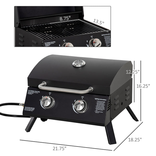 2 Burner Propane Gas Grill, Outdoor Portable Tabletop BBQ with Foldable Legs, 10000 Each Burner, Lid, for Camping, Picnic, Backyard, Black