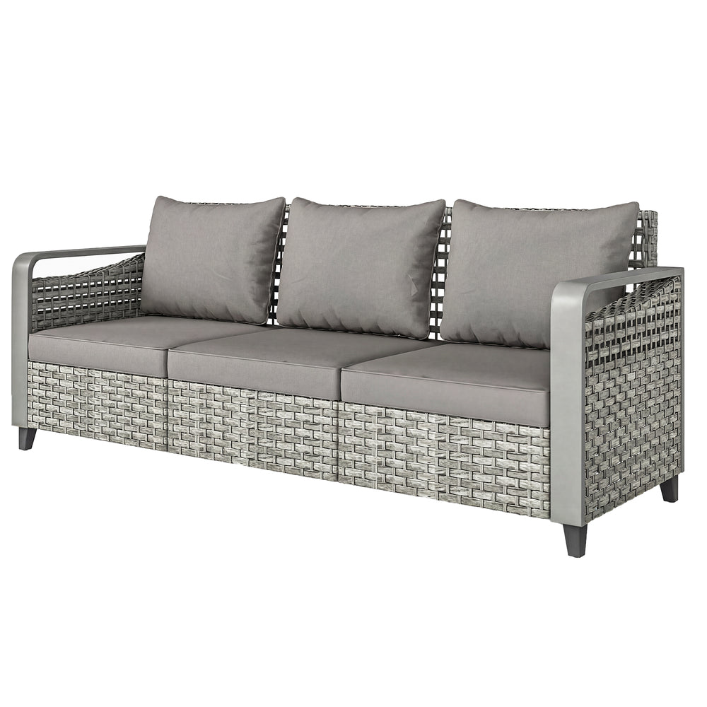 Canapé d'extérieur 3 places en rotin tressé avec coussins, gris
