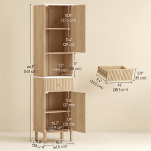Armoire haute de salle de bain effet chêne avec 2 armoires, tiroir et tablette ouverte, Effet chêne