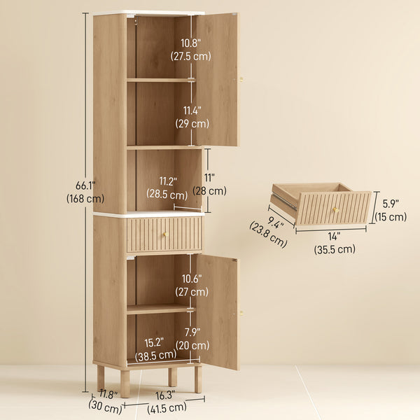 Armoire haute de salle de bain effet chêne avec 2 armoires, tiroir et tablette ouverte, Effet chêne
