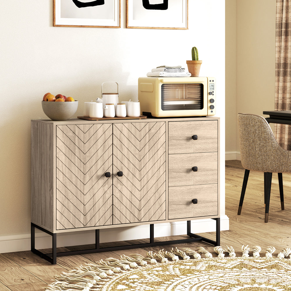 Buffet moderne, 108 cm, étagères réglables et 3 tiroirs, meuble bar à café avec 2 portes, chêne