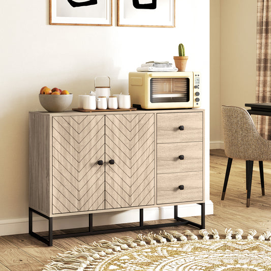 Buffet moderne, 108 cm, étagères réglables et 3 tiroirs, meuble bar à café avec 2 portes, chêne