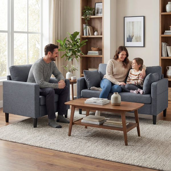 Canapé deux places, revêtement en lin moderne, coussins à ressorts, 2 oreillers, gris foncé