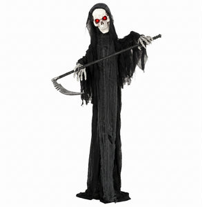 Faucheur animé d’Halloween de 6 pi avec faux, yeux DEL rouges, sons et mouvements – Noir