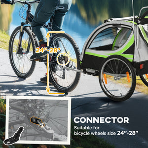 2-seater child bike trailer with 5-point harness, waterproof cover, green