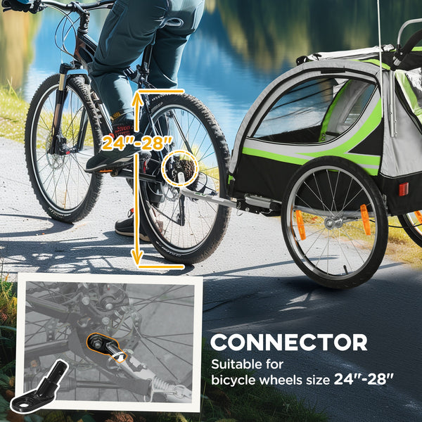 2-seater child bike trailer with 5-point harness, waterproof cover, green