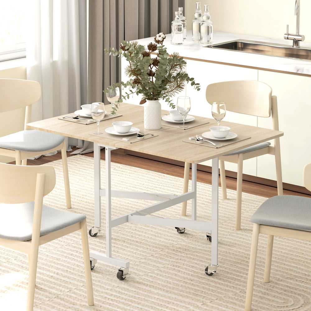 Table à manger pliante à abattants sur roulettes pour 6 personnes – Chêne et blanc