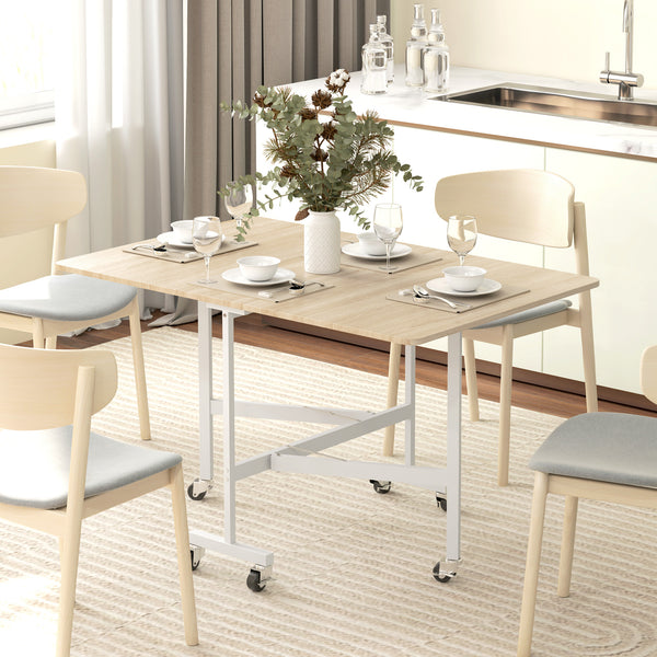 Table à manger pliante à abattants sur roulettes pour 6 personnes – Chêne et blanc