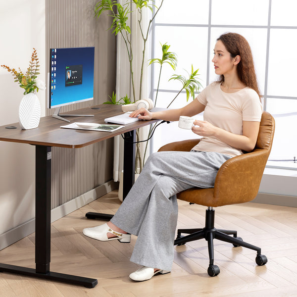 Adjustable height swivel office chair in faux leather, brown