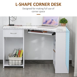 Bureau en L avec plateau pour clavier pour petit espace avec étagères, blanc