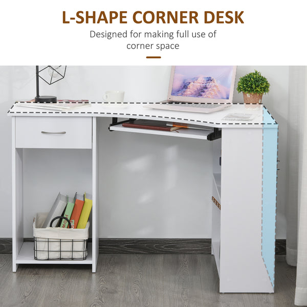Bureau en L avec plateau pour clavier pour petit espace avec étagères, blanc