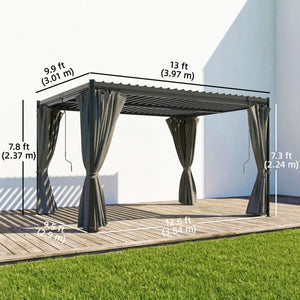 Pergola à lames orientables 10 x 13, toit en acier et rideaux,  gouttières de drainage, grise