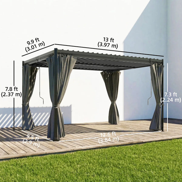 Pergola à lames orientables 10 x 13, toit en acier et rideaux,  gouttières de drainage, grise