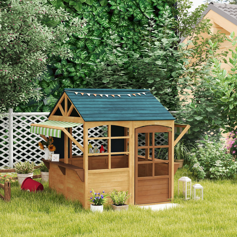 Cabane de jeu d'extérieur pliable en bois avec porte fonctionnelle, protection contre la pluie, tableaux noirs, marron