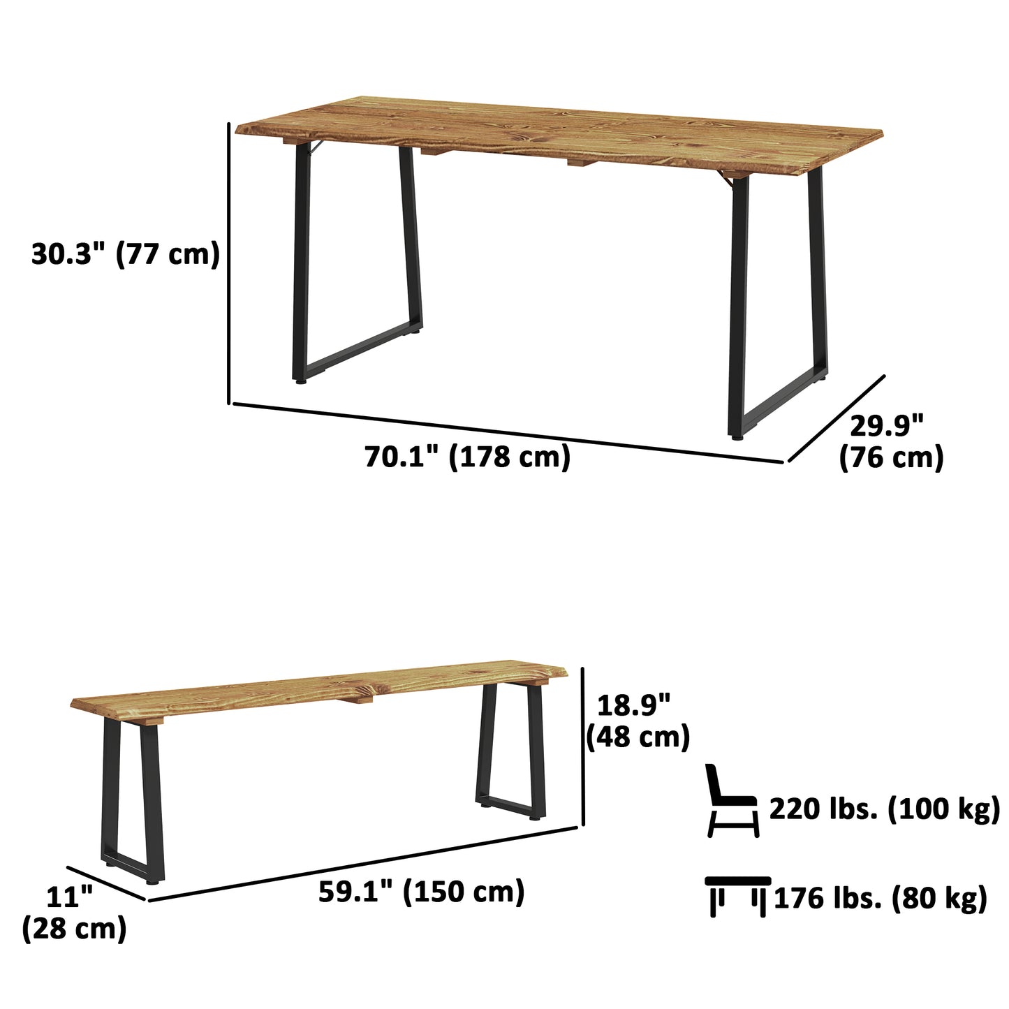 Ensemble table et banc de pique-nique pour 6 personnes avec trou pour parasol de 5 cm, plateau à lattes et structure en acier