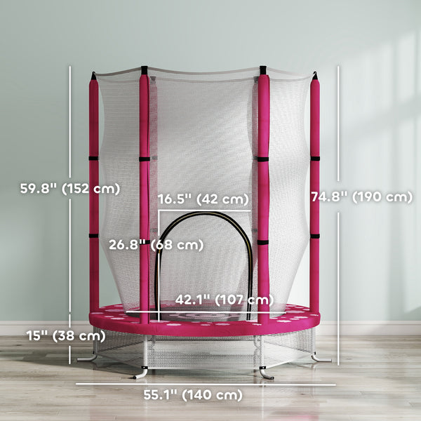 Qaba 55" Toddler Trampoline with Safety Enclosure Net, for Indoor Outdoor Use, Ages 3-6 Years, Pink