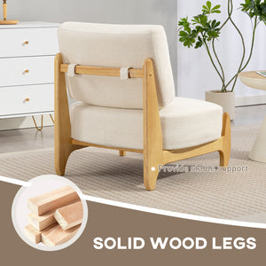 Fauteuil d'appoint avec structure en bois d'hévéa, assise large, blanc crème