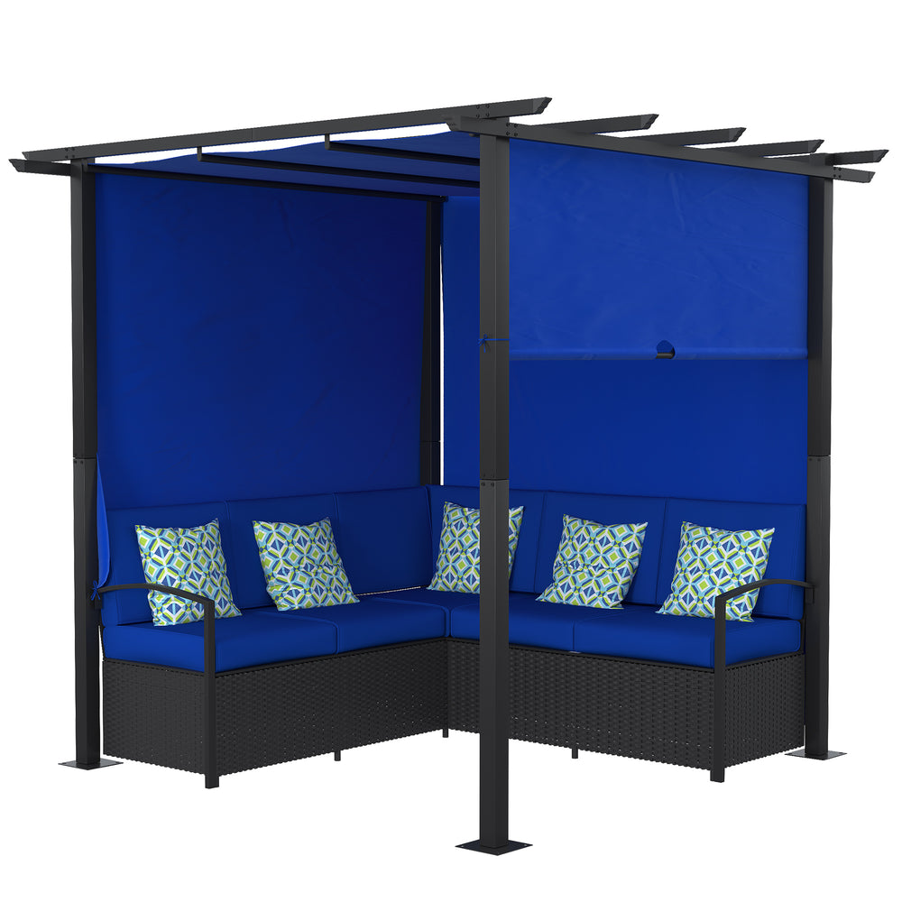 Ensemble de mobilier de jardin en résine tressée avec pergola rétractable, bleu