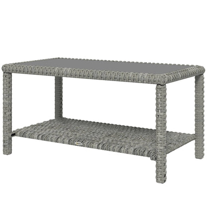 Table basse d'extérieur 35" en osier avec plateau en verre et étagère de rangement, gris foncé