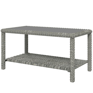 Table basse d'extérieur en résine tressée avec plateau en verre et étagère de rangement, gris