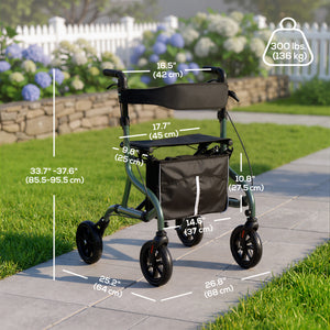 Déambulateur pliable avec siège pour seniors, léger et à roulettes, avec poignées réglables, vert