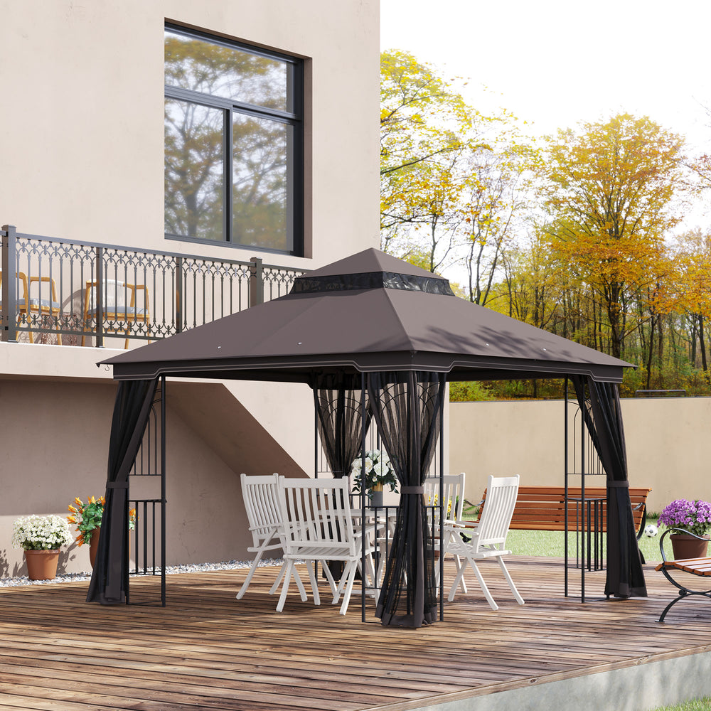 Outsunny 10'x10' Soft-top Patio Gazebo Deck Canopy with Double Tier Roof, Removable Mesh Curtains, Display Shelves, Top Hooks, Coffee |