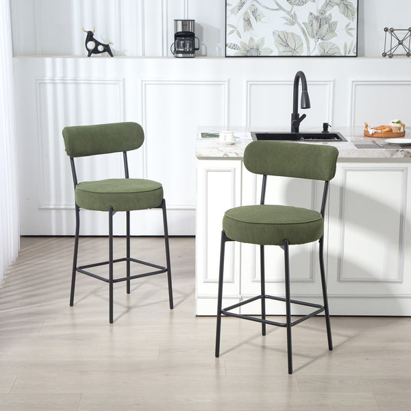 Set of 2 upholstered bar stools in corduroy, green