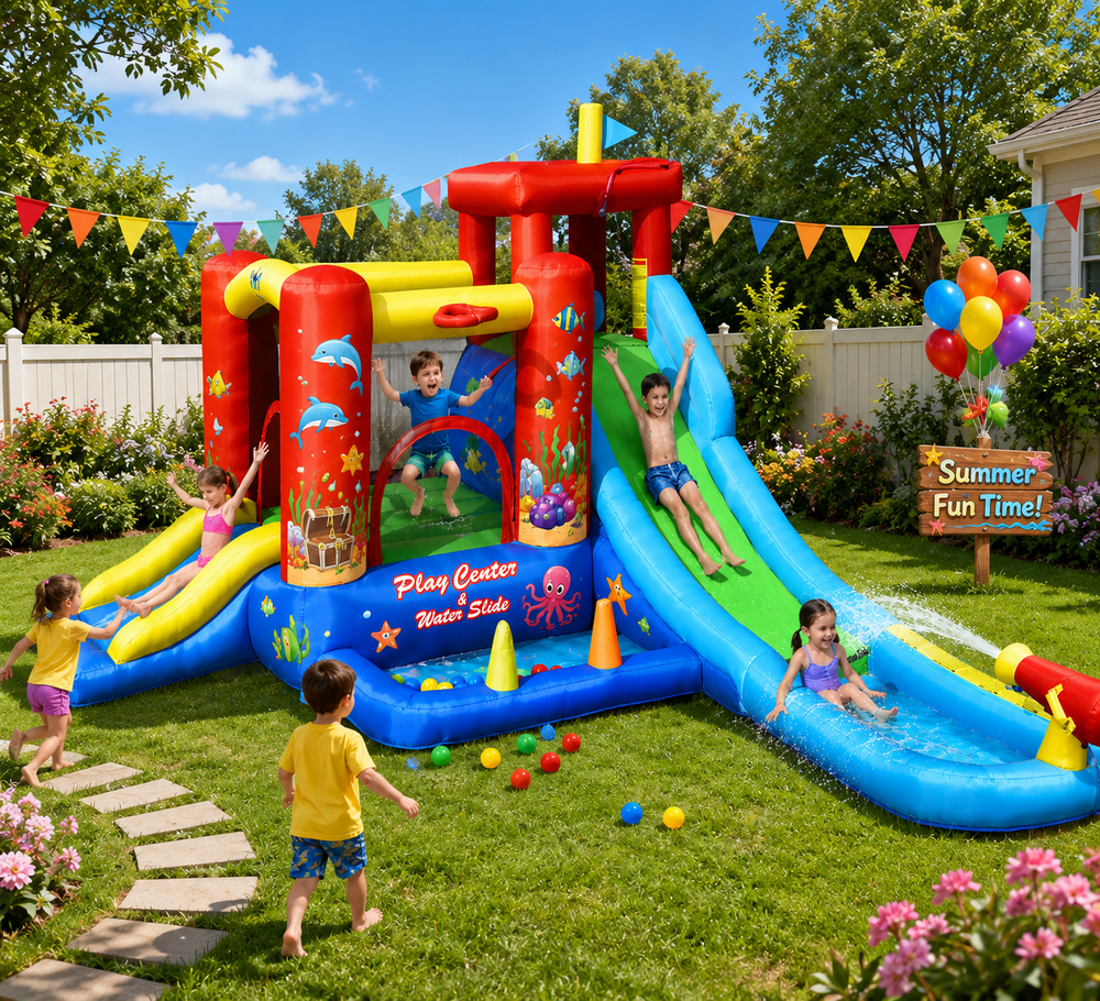 Toboggan aquatique gonflable 9 en 1 pour enfants avec maison de rebond sans souffleur