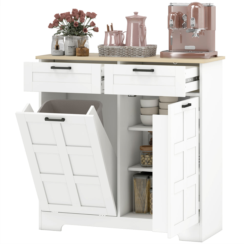 Armoire à poubelle basculante 13 gallon avec 2 tiroirs, étagères de porte et étagères réglables, blanche.