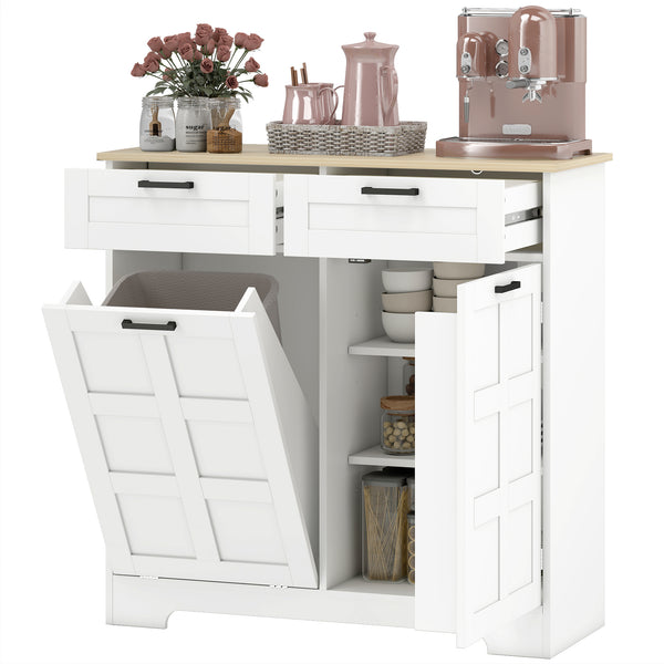 Armoire à poubelle basculante 13 gallon avec 2 tiroirs, étagères de porte et étagères réglables, blanche.