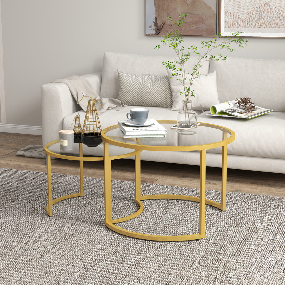 Lot de 2 tables basses rondes modernes avec plateau en verre trempé dorées