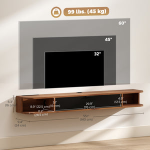 Floating wall-mounted TV unit for TVs up to 60 inches, with a drop-down drawer and 2 open shelves, walnut finish.
