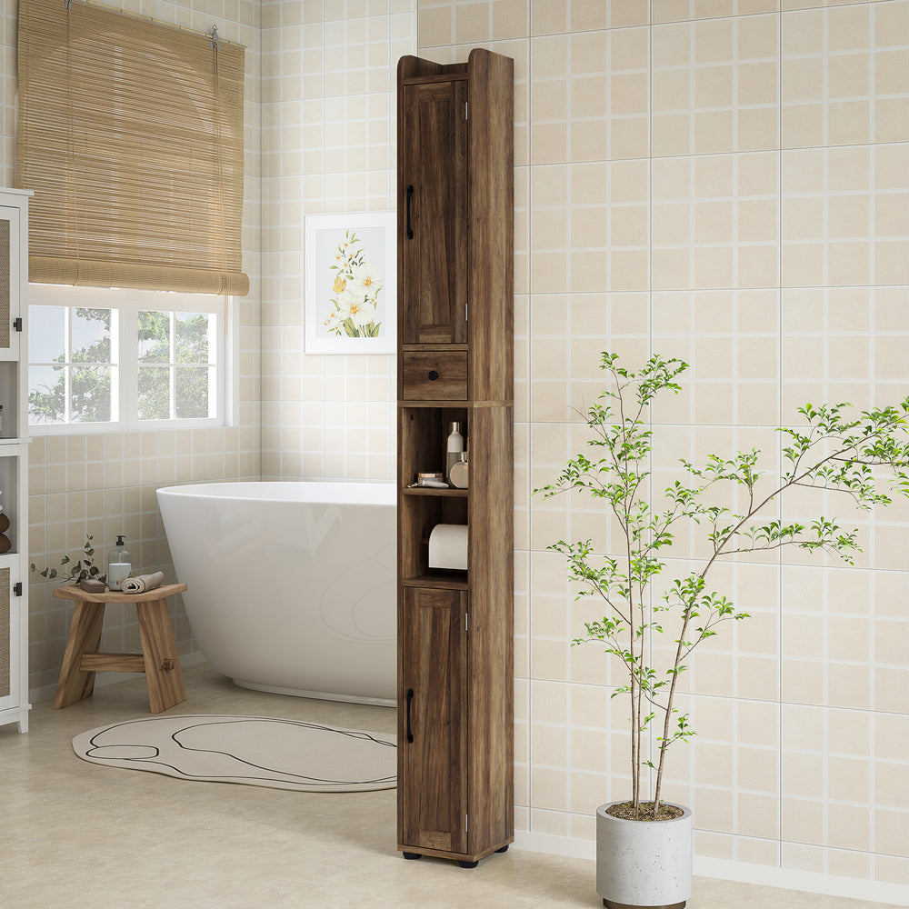 Meuble de salle de bain étroit, haut avec portes de grange, tiroir et étagères réglables, aspect bois brun