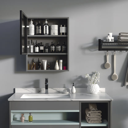 Armoire à miroir murale avec porte simple, étagères de rangement et cadre en acier inoxydable, noire