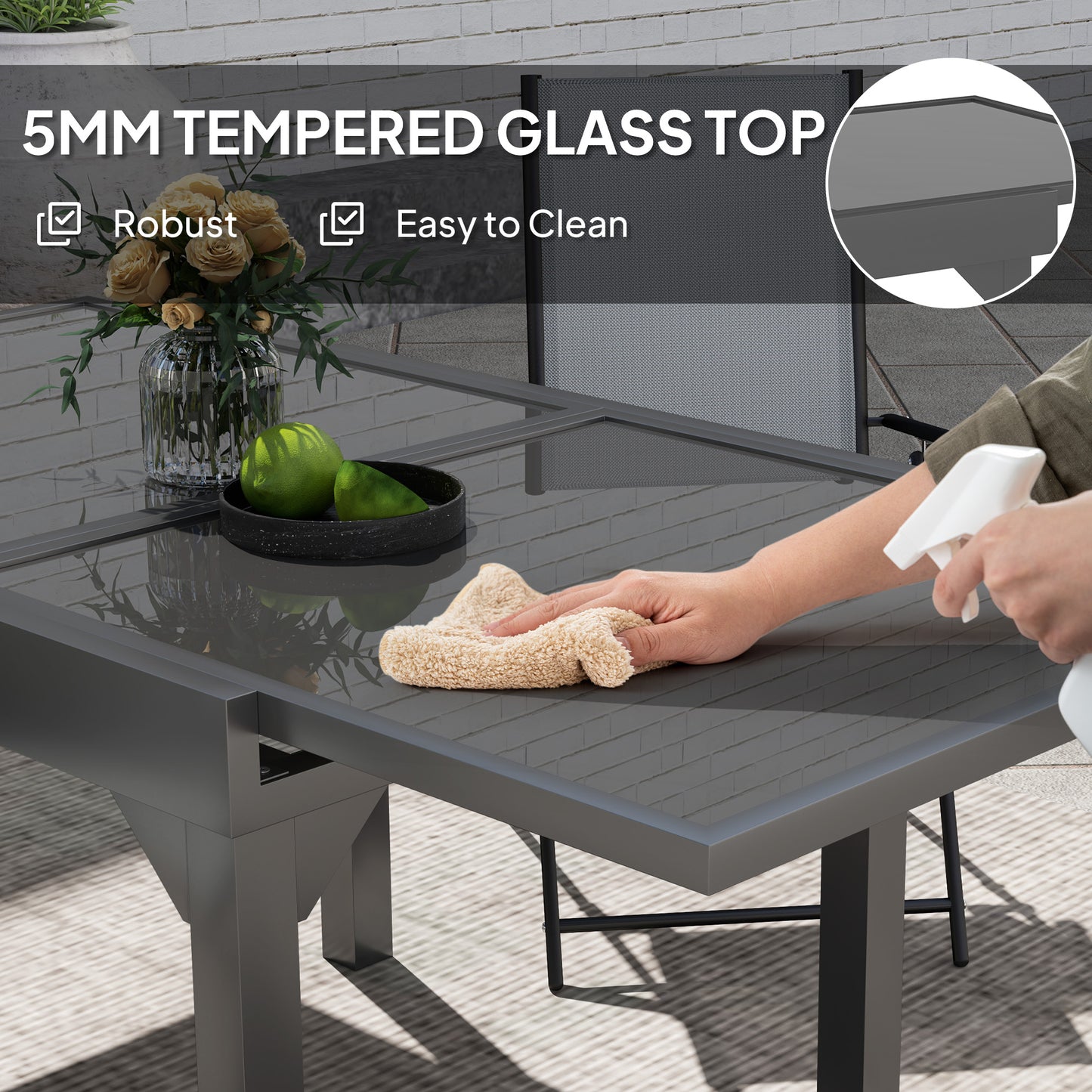 Outsunny 89-180cm Extendable Outdoor Table with Tempered Glass Top and Metal Frame, Seats 4-6 People, for Lawn, Garden and Backyard.