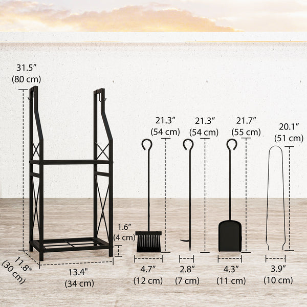 Support à bois de chauffage à 2 niveaux avec 4 outils pour foyer