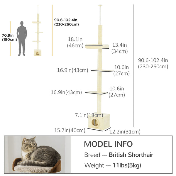 Arbre à chat du sol au plafond avec griffoir, maison et lit, beige