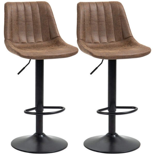 Set of 2 adjustable leather bar stools with backrest and footrest, brown
