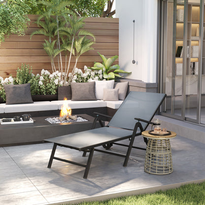 Outsunny Outdoor Lounge Chair, 5-Level Adjustable Folding Chaise Chair with 2 Wheels for Backyard, Beach, Poolside, Gray |
