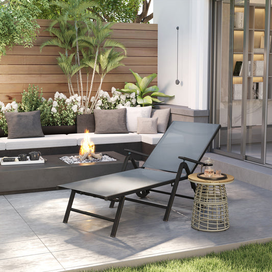 Outsunny Outdoor Lounge Chair, 5-Level Adjustable Folding Chaise Chair with 2 Wheels for Backyard, Beach, Poolside, Gray |
