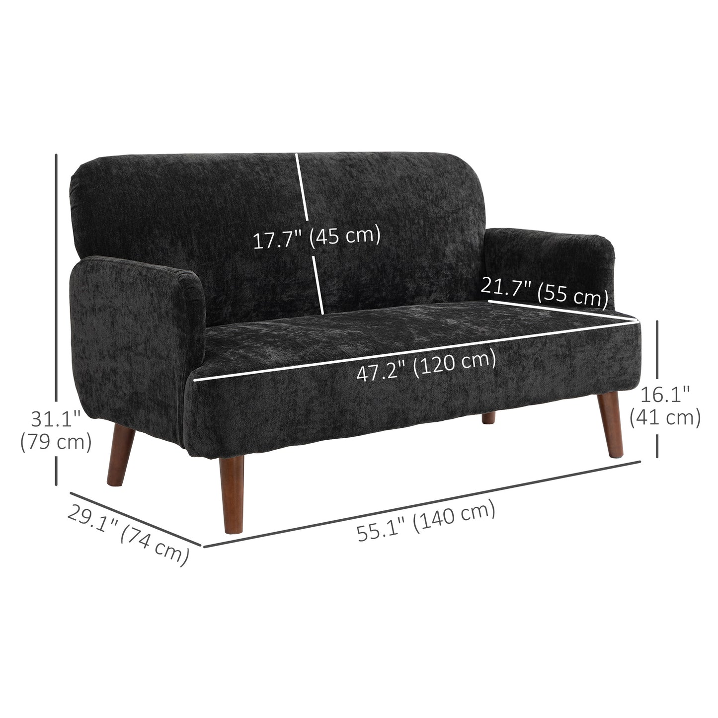 HOMCOM 2-seater sofa in velvet fabric, small loveseat sofa with 21 cm thick padding and wooden legs, black