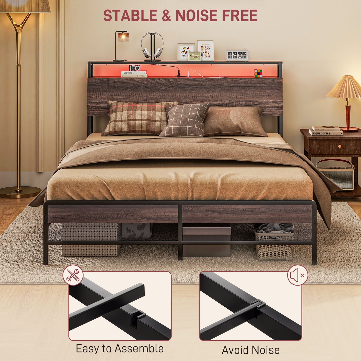 Cadre de lit Queen Size avec éclairage LED et station de charge, noyer