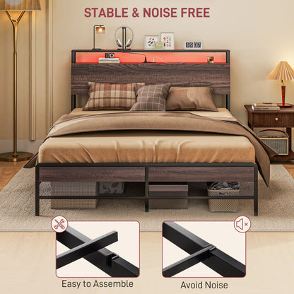 Cadre de lit Queen Size avec éclairage LED et station de charge, noyer