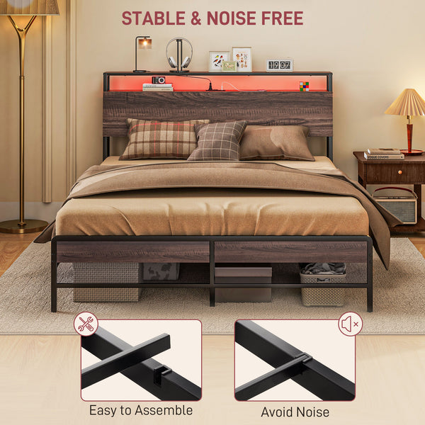 Cadre de lit Queen Size avec éclairage LED et station de charge, noyer