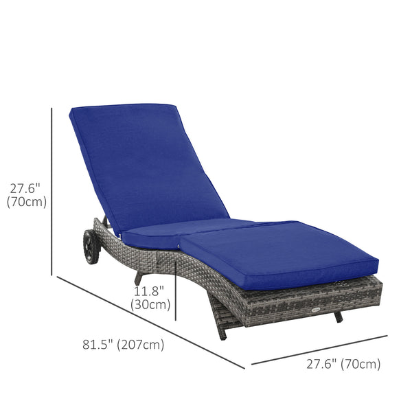 Chaise longue en résine tressée réglable avec coussin et roulettes, bleu foncé