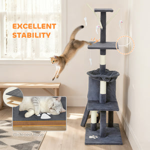 Cat tree with scratching posts, cat house, perches, ladder, hammock, hanging toys, dark grey