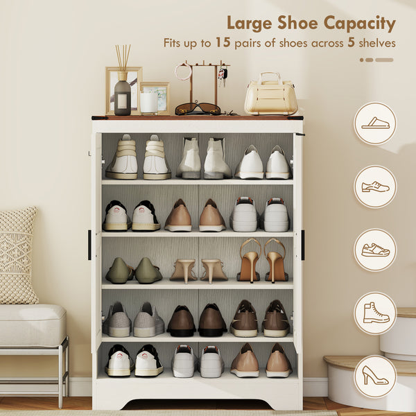 5-Tier Shoe Rack for 15 Pairs, Farmhouse Style, White