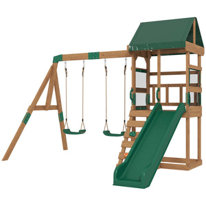 Structure de jeux extérieure avec toboggan, 2 balançoires, mur d'escalade et terrasse couverte, aire de jeux extérieure pour enfants