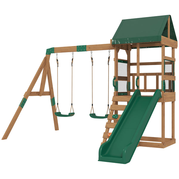 Structure de jeux extérieure avec toboggan, 2 balançoires, mur d'escalade et terrasse couverte, aire de jeux extérieure pour enfants